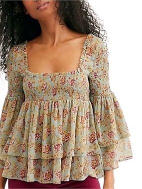 Free People Sage Green Floral Smocked Babydoll Blouse